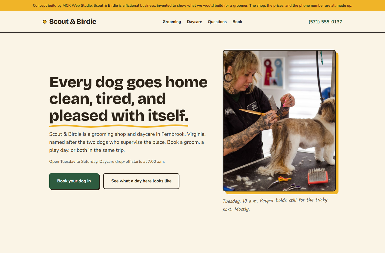 Scout and Birdie grooming concept page